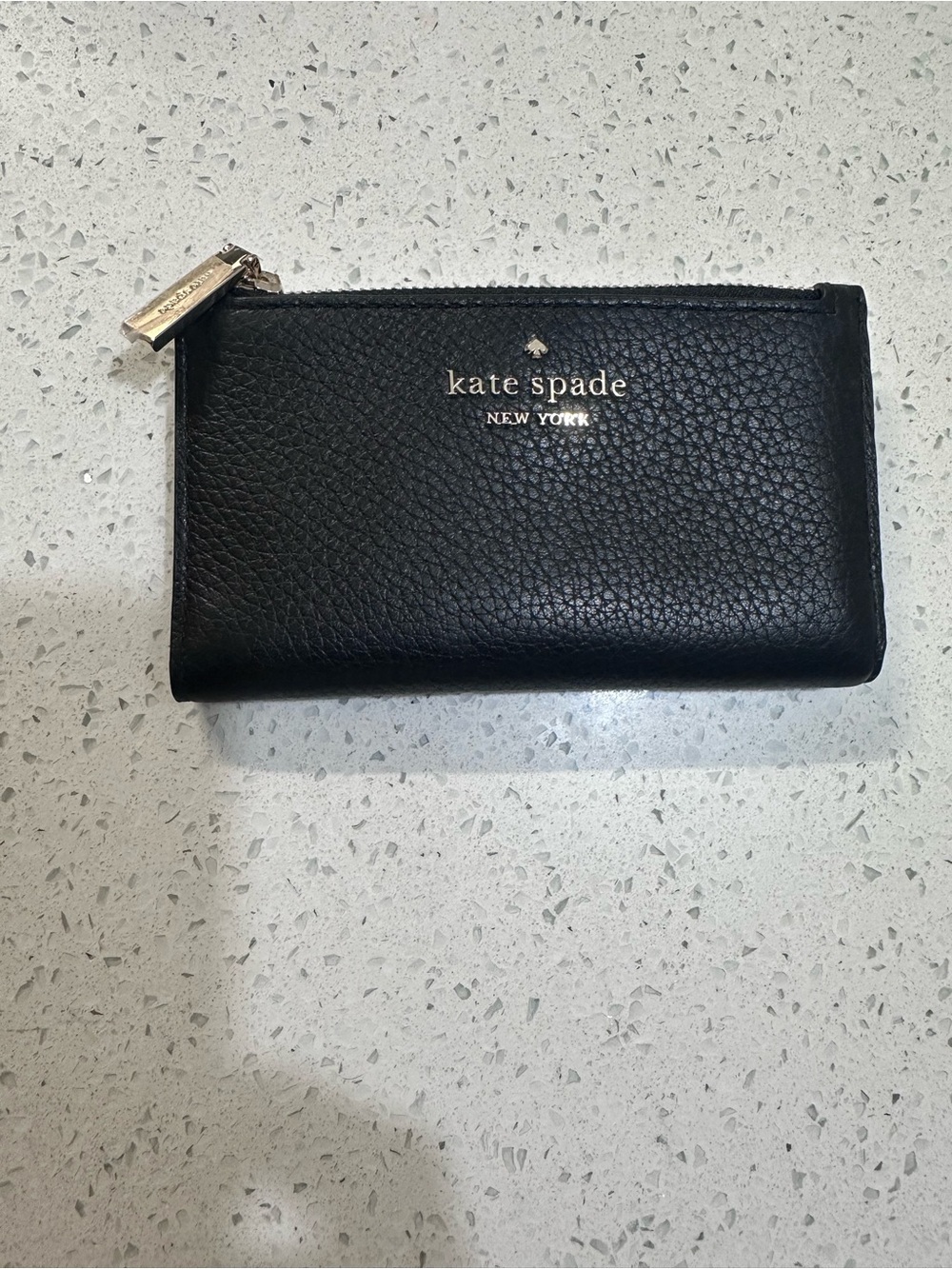 kate spade Black Pebbled Leather Zip Card Wallet with Gold Logo